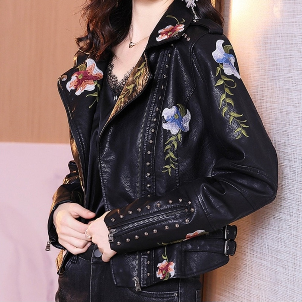 Floral Embroidered Vegan Leather Motorcycle Jacket